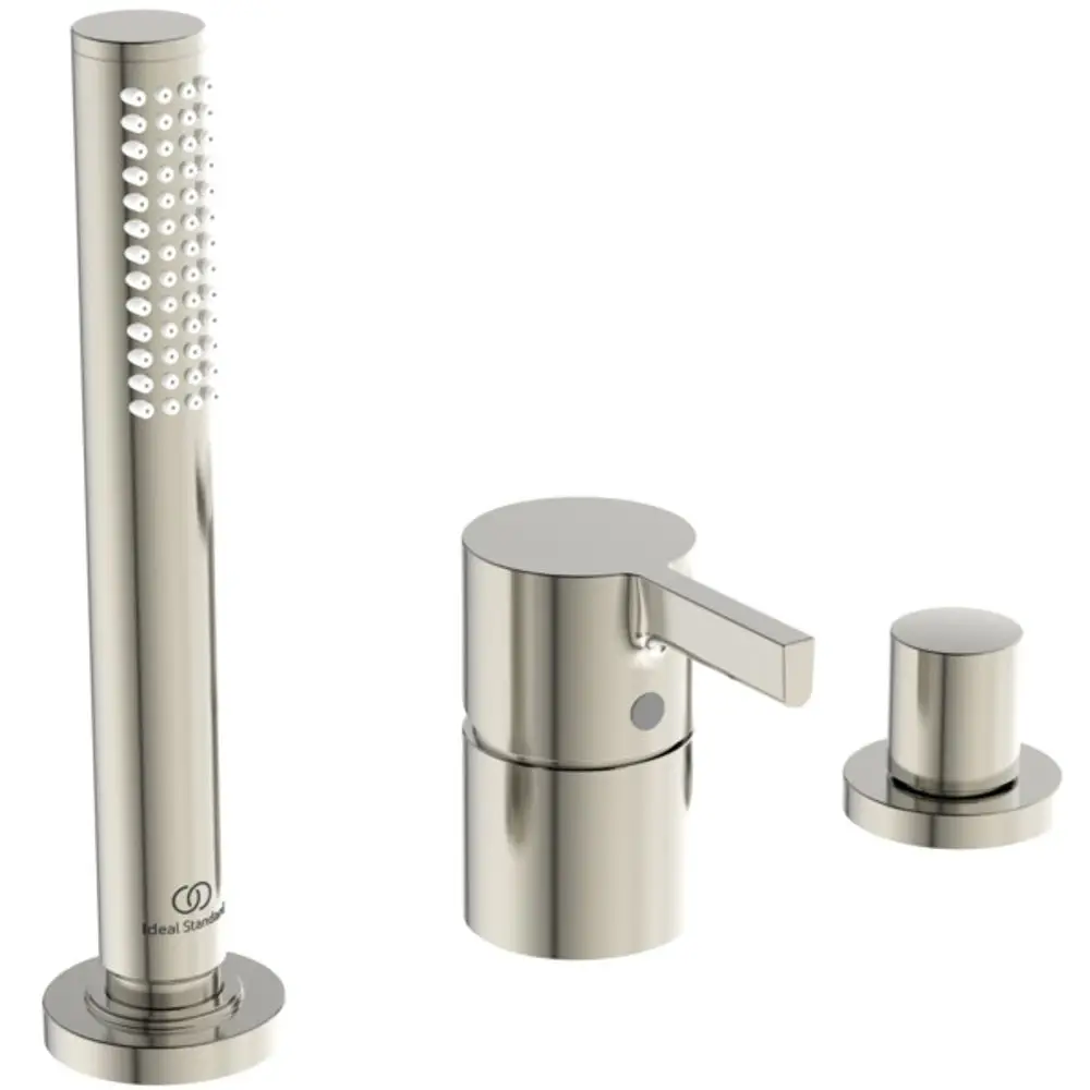 Wannenrandarmatur von Ideal Standard mit einem hohen, schlanken Auslauf, Hebelsteuerung und separatem Umsteller. Metallische Oberfläche in Silver Storm.